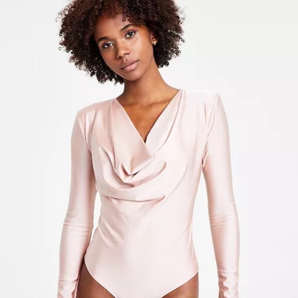 Bar III Long Sleeve Cowlneck Bodysuit Teal Green w/ Shoulder Pads | Large - Picture 7 of 9